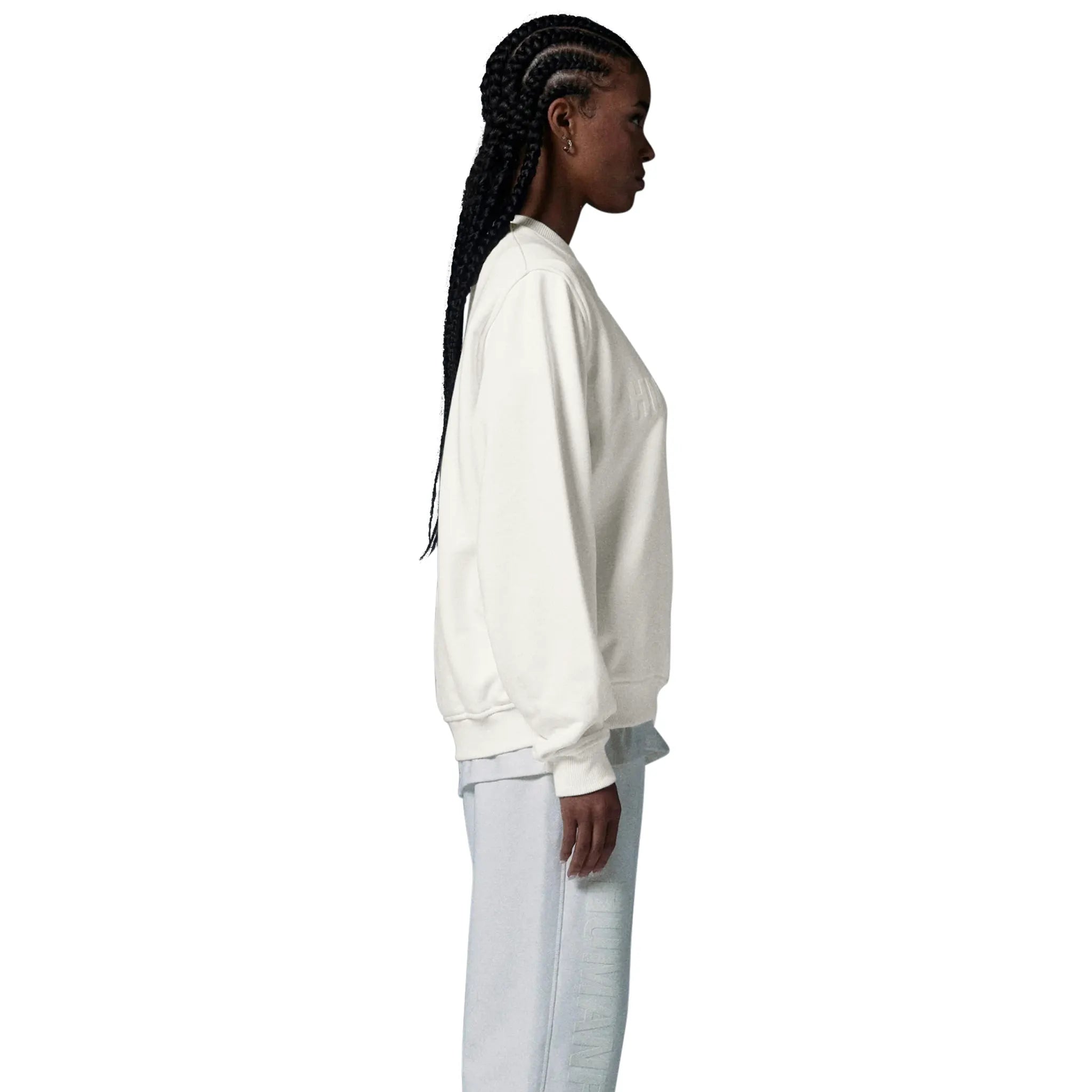 Model side view of Human Race Planet Bone White Sweatshirt